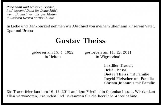 Theiss Gustav 1922-2012 Todesanzeige